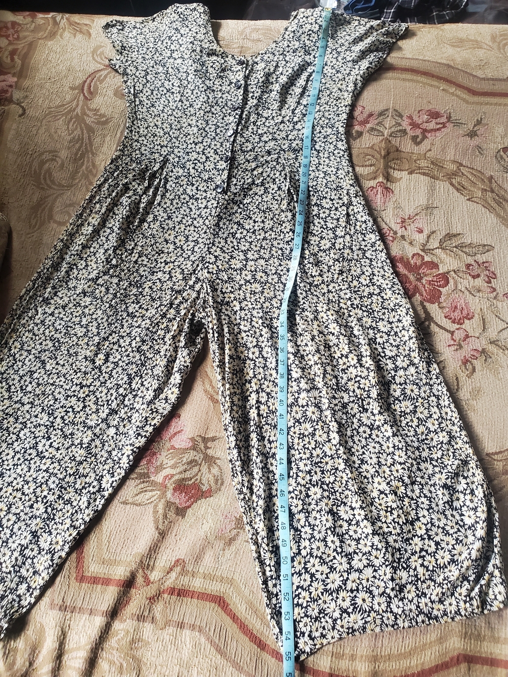 Vintage 90s Daisy Print Jumpsuit Wide Leg Palazzo Button Front Romper Navy - Picture 9 of 11